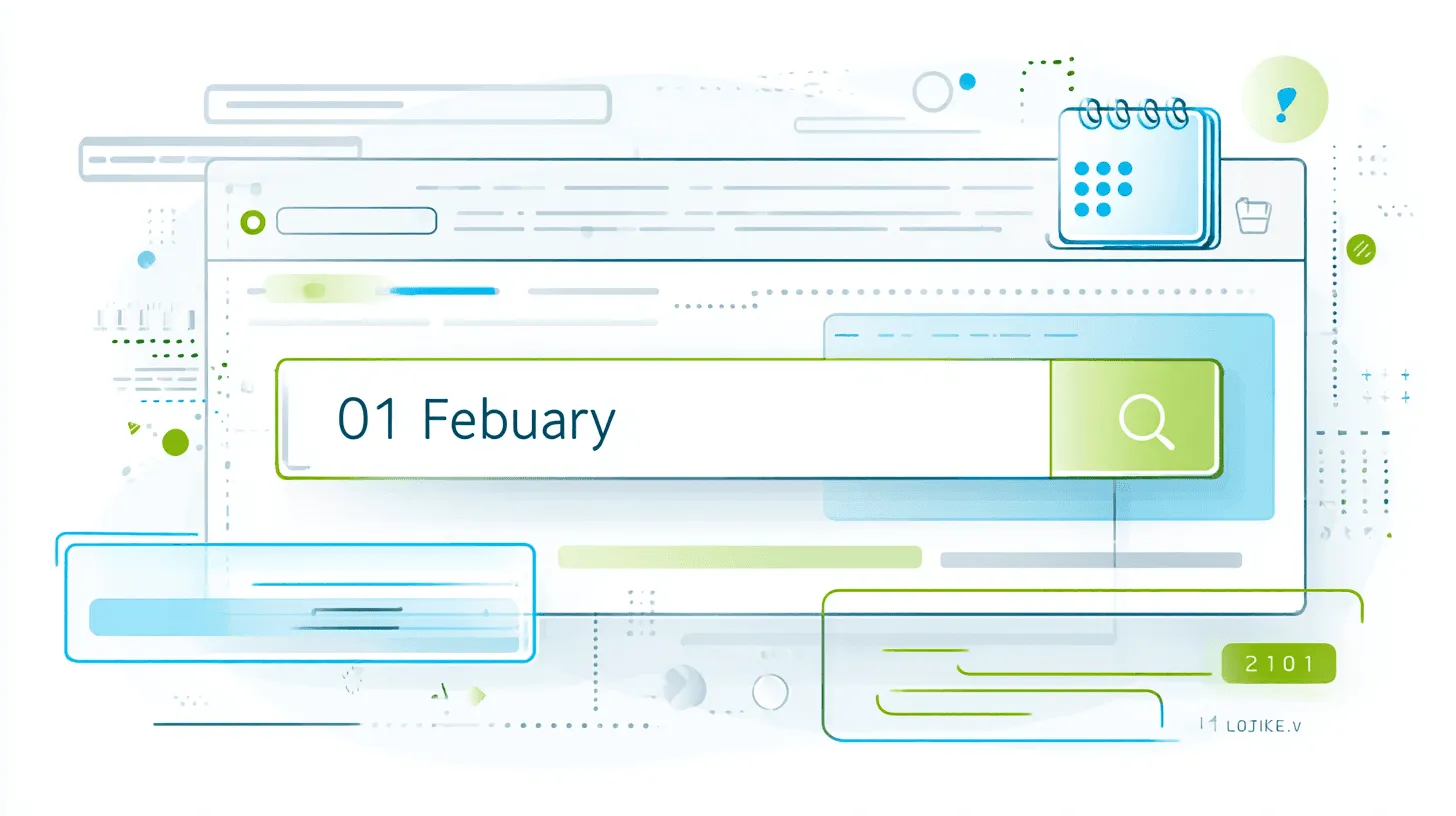 Titelbild, das den Prozess der automatischen Terminbuchung darstellt: Eine stilisierte Vektorgrafik zeigt eine Benutzeroberfläche mit einer Suchleiste, in der das Datum '01 February' eingegeben ist. Dies symbolisiert die intelligente Suche von Safina AI nach verfügbaren Terminen in einem Kalender.