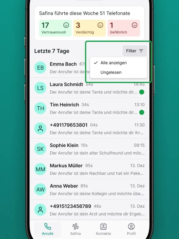 Screenshot de la vue d'ensemble des appels dans l'application Safina AI. Affiche la statistique « Safina a mené 51 appels cette semaine » (17 de confiance, 3 suspects, 1 dangereux). Une liste des 7 derniers jours avec les appels est visible. Un menu de filtre ouvert est mis en évidence en vert, avec les options « Tout afficher » et « Non lus ». Illustre la fonction de filtrage pour la gestion de l'historique des appels dans le standard téléphonique IA Safina AI.