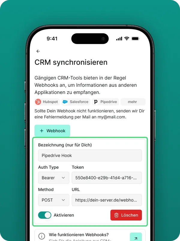 Screenshot de la página "Sincronizar CRM" en la app Safina AI, con un formulario abierto para la configuración de un webhook. Se ven campos para Nombre ("Pipedrive Hook"), Auth Type (Bearer), Token, Method (POST) y URL, junto con un interruptor de activar/desactivar y un botón de eliminar. Arriba aparecen los logos de herramientas CRM habituales como Hubspot, Salesforce, Pipedrive. Visualiza la configuración detallada de la conexión CRM basada en webhooks para Safina AI.