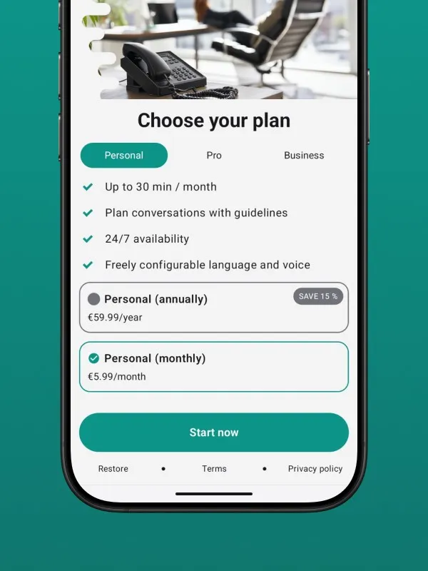 Screenshot der Safina AI Tarifauswahl-Seite "Choose your plan". Der "Personal"-Tarif ist ausgewählt, mit Details wie bis zu 30 Min/Monat, Plan-Gespräche mit Richtlinien, 24/7 Verfügbarkeit und frei konfigurierbarer Sprache und Stimme. Optionen für jährliche (59.99€/Jahr) und monatliche (5.99€/Monat) Zahlung sind sichtbar. Zeigt die Abo-Optionen der Safina AI Telefonzentrale.