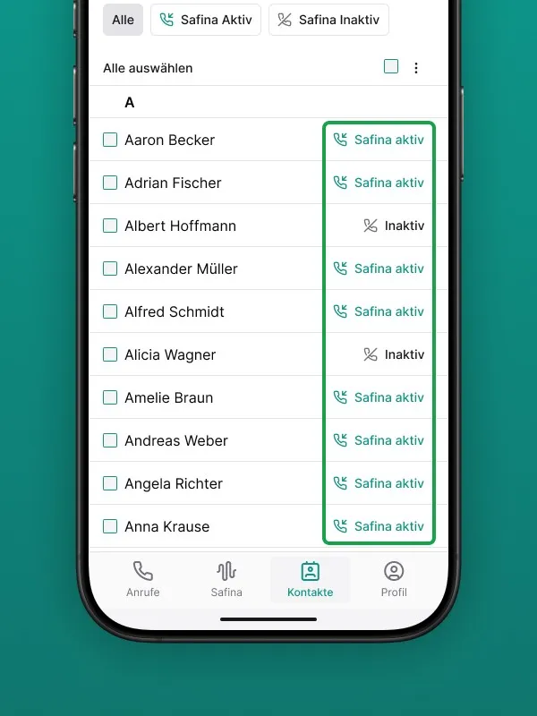 Screenshot der Kontaktliste in der Safina AI App unter dem Reiter "Kontakte". Zeigt eine Liste von Kontakten (z.B. Aaron Becker, Adrian Fischer), neben denen der Status "Safina aktiv" oder "Inaktiv" für die Anrufweiterleitung angezeigt wird. Demonstriert die Verwaltung der Safina AI Aktivierung für einzelne Kontakte.