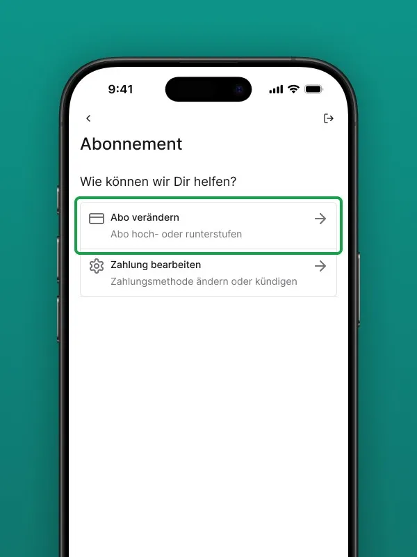 Screenshot der Abonnement-Ansicht in der Safina AI App. Optionen zum "Abo verändern" (hoch- oder runterstufen) und "Zahlung bearbeiten" (Zahlungsmethode ändern oder kündigen) sind sichtbar. Zeigt die Selbstverwaltungsoptionen für das Safina AI Abonnement.