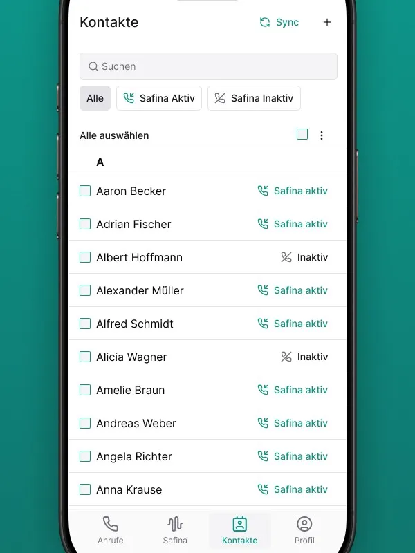 Screenshot der "Kontakte" Ansicht in der Safina AI App. Zeigt eine alphabetische Liste von Kontakten (z.B. Aaron Becker, Adrian Fischer, Albert Hoffmann), inklusive ihres "Safina aktiv" oder "Inaktiv" Status für die Anrufweiterleitung. Oben sind Filter nach "Alle", "Safina Aktiv", "Safina Inaktiv" und ein "Sync"-Button zur Kontaktsynchronisierung sichtbar. Illustriert die effiziente Kontaktverwaltung und Statuskontrolle innerhalb der Safina AI Telefonzentrale.