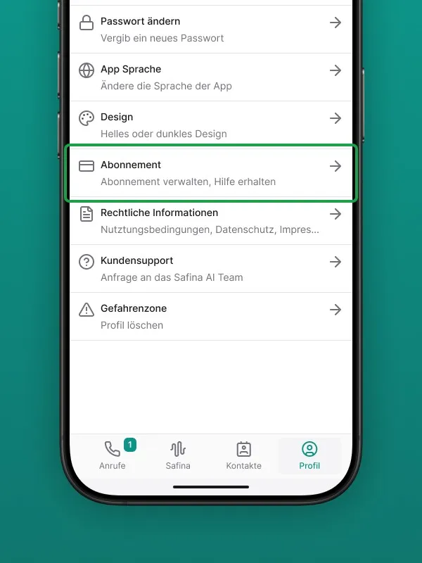 Screenshot der Profil-Einstellungen in der Safina AI App. Optionen zum Passwort ändern, App-Sprache, Design, Abonnement (hervorgehoben), Rechtliche Informationen, Kundensupport und Gefahrenzone (Profil löschen) sind sichtbar. Zeigt die Verwaltungsoptionen des Safina AI Benutzerkontos.
