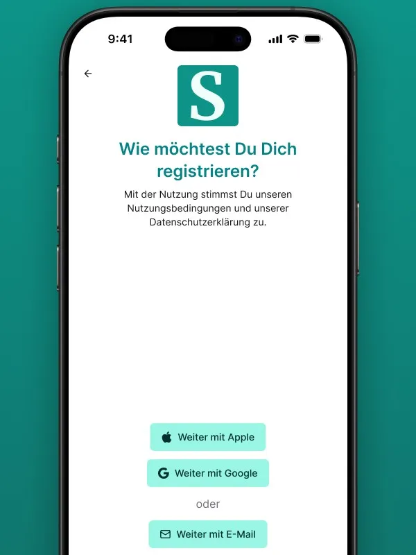 Screenshot des Registrierungsbildschirms der Safina AI App. Fragt "Wie möchtest Du Dich registrieren?" und bietet Optionen zum "Weiter mit Apple", "Weiter mit Google" oder "Weiter mit E-Mail". Hinweis auf Zustimmung zu Nutzungsbedingungen und Datenschutzerklärung ist sichtbar. Zeigt den Onboarding-Prozess für neue Nutzer der Safina AI Telefonzentrale.