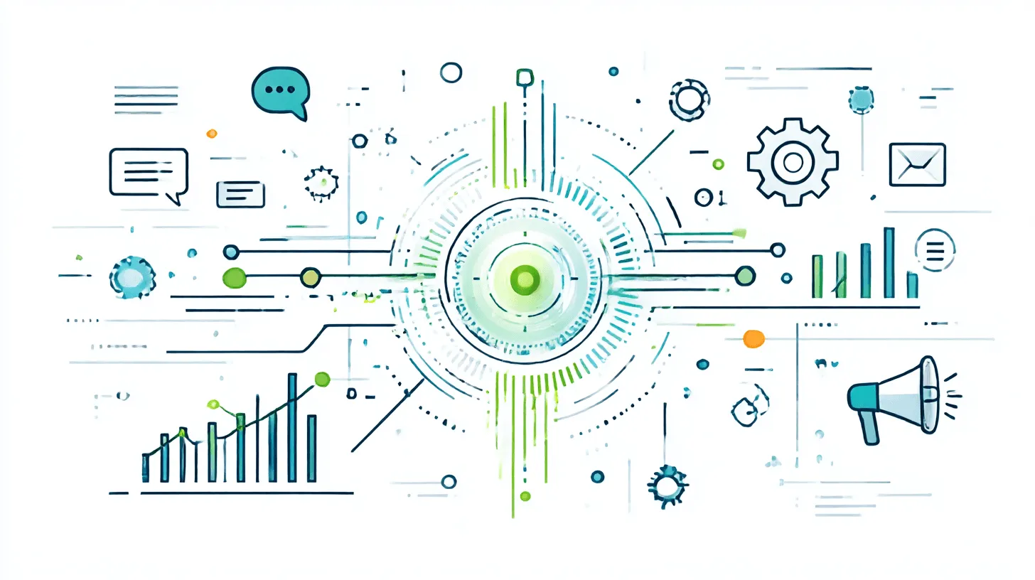 Minimalistische Vektorgrafik einer zentralen leuchtenden Kugel, die mit verschiedenen Funktionssymbolen (z. B. Chatblase, Zahnrad, Diagramm, Megaphon) verbunden ist und einen umfassenden Überblick über die Funktionen bietet.