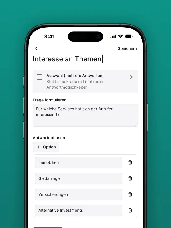 Screenshot der Bearbeitungsseite für eine KI-Auswertung "Interesse an Themen" in der Safina AI App. Zeigt die Auswahl "mehrere Antworten" und das Feld "Frage formulieren" ("Für welche Services hat sich der Anrufer interessiert?"). Darunter sind beispielhafte Antwortoptionen wie Immobilien, Geldanlage, Versicherungen und Alternative Investments aufgelistet. Demonstriert die detaillierte Konfiguration und Personalisierung der KI-Auswertungen für spezifische Gesprächsinhalte durch Safina AI.
