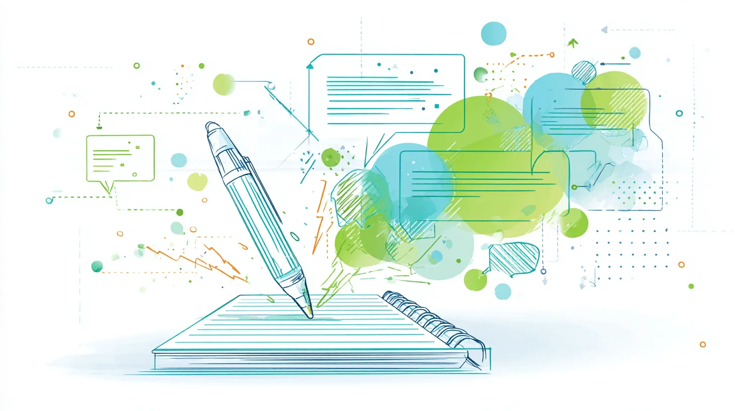 Minimalistische Vektorgrafik eines Notizblocks mit einem Stift, der zusammenhängende Sprechblasen und Pfeile skizziert, die die Schaffung von Gesprächsabläufen symbolisieren.