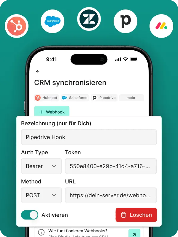 Screenshot de la página "Sincronizar CRM" en la app Safina AI, con un pop-up abierto para la configuración del webhook. Se muestran campos para Nombre (por ejemplo, "Pipedrive Hook"), Auth Type (Bearer), Token y URL (https://tu-servidor.es/webhook). Los iconos superiores muestran sistemas CRM compatibles como Hubspot, Salesforce, Zapier y Pipedrive. Demuestra la flexible integración CRM de la centralita telefónica Safina AI mediante webhook.
