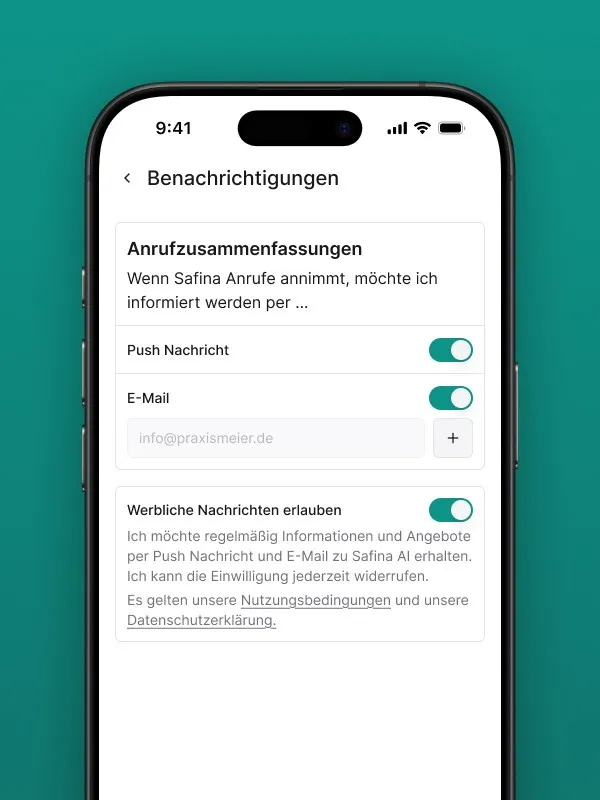 Screenshot der Benachrichtigungseinstellungen in der Safina AI App. Optionen für Anrufzusammenfassungen via Push Nachricht oder E-Mail sowie für werbliche Nachrichten sind sichtbar. Zeigt Personalisierung der Safina AI Anrufbenachrichtigungen.