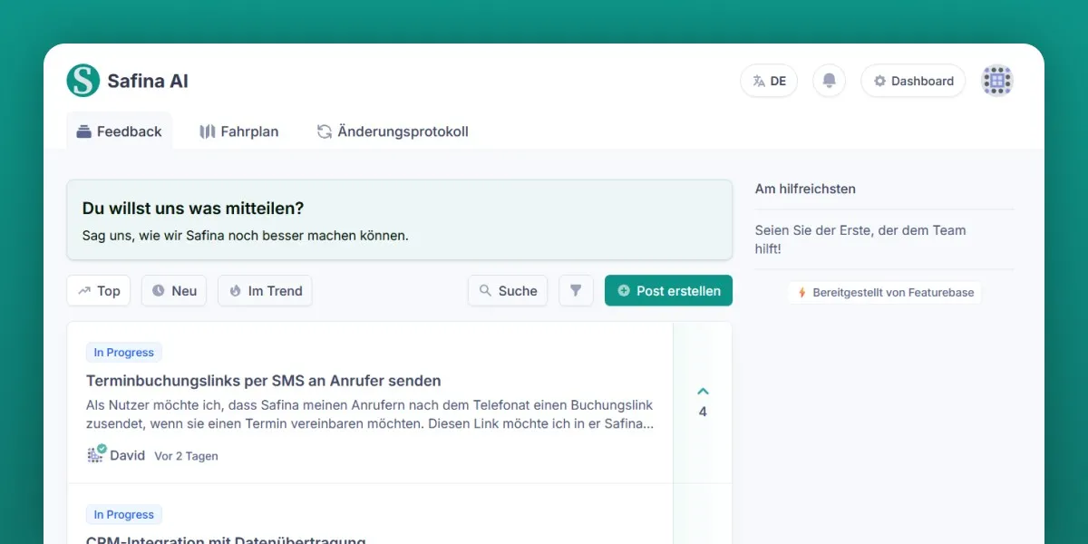 Screenshot des Safina AI Feedback-Portals. Die Überschrift "Du willst uns was mitteilen? Sag uns, wie wir Safina noch besser machen können." ist sichtbar. Darunter Filter wie "Im Trend", "Top", "Neu" und eine Suchfunktion. Eine Liste von "Completed" (abgeschlossenen) Feature-Anfragen wird angezeigt, darunter "Pro Feature: Eigenen Namen statt 'Safina' wählen", "Anrufe aus der Liste löschen" und "Audioaufnahmen sollen heruntergeladen / geteilt werden können". Visualisiert den transparenten Feature-Request- und Entwicklungsprozess von Safina AI.